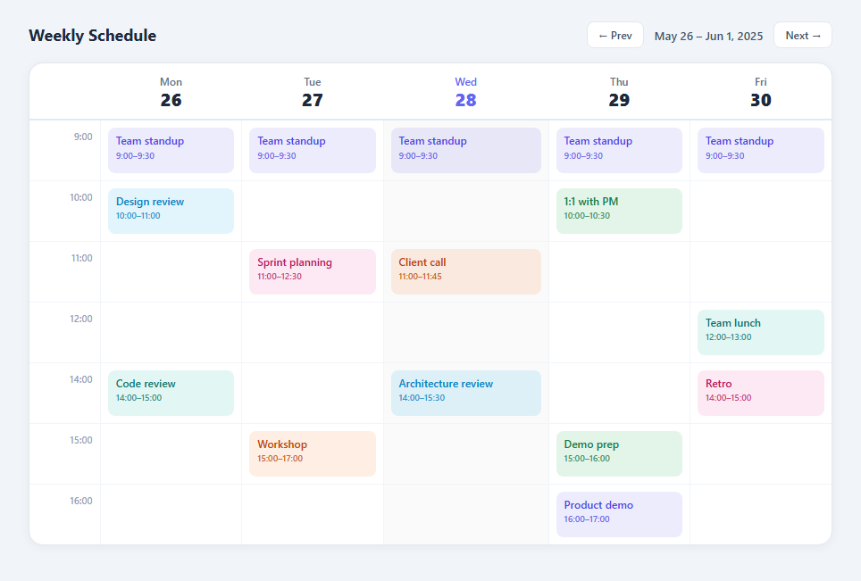 Screenshot of the Schedule / Timetable snippet rendered live