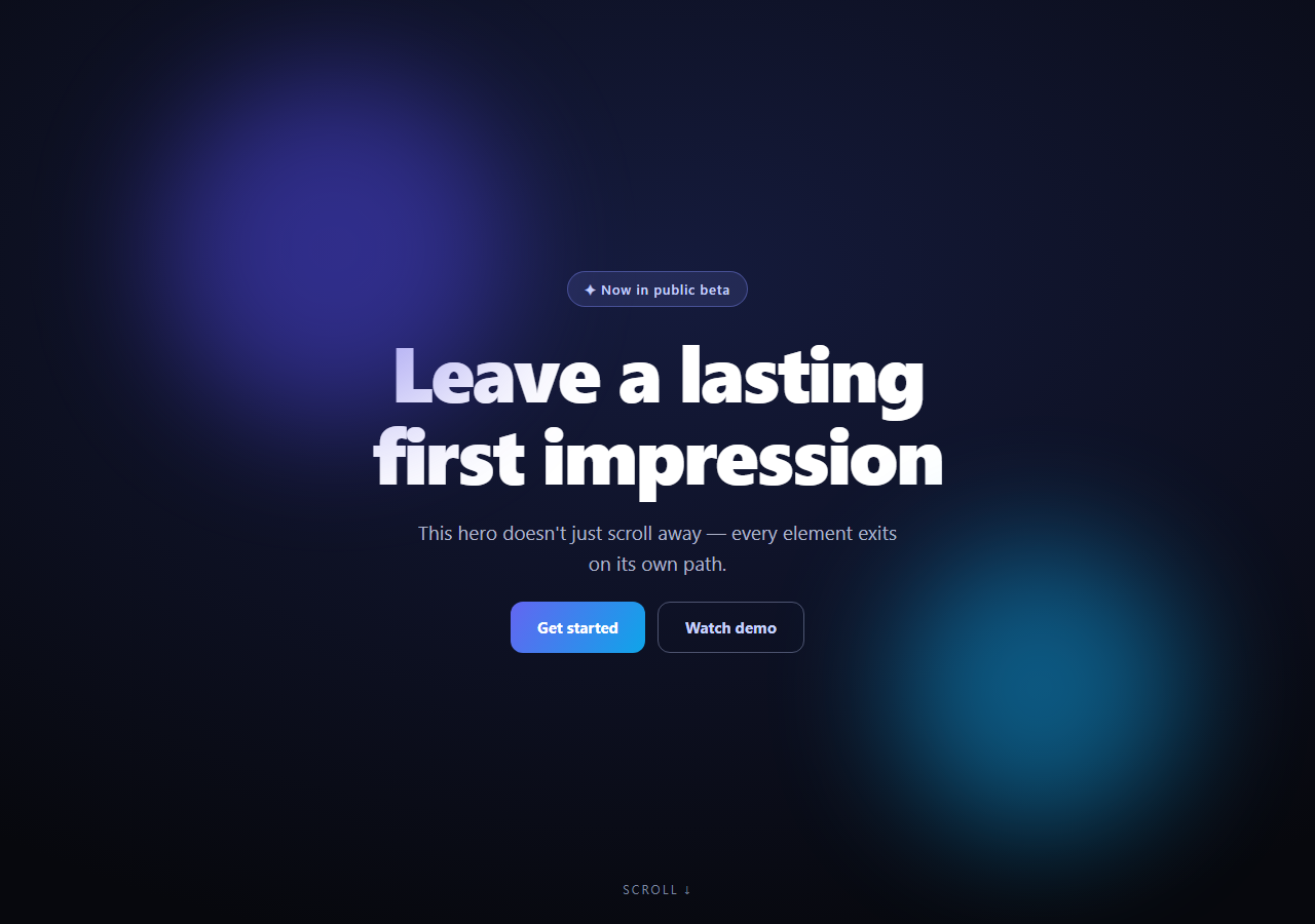 Screenshot of the Scroll Hero Exit snippet rendered live