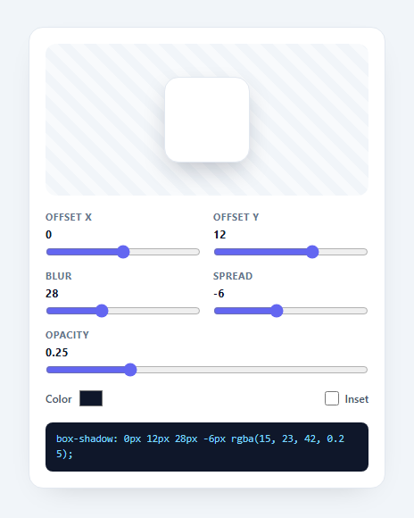Screenshot of the Box Shadow Generator snippet rendered live