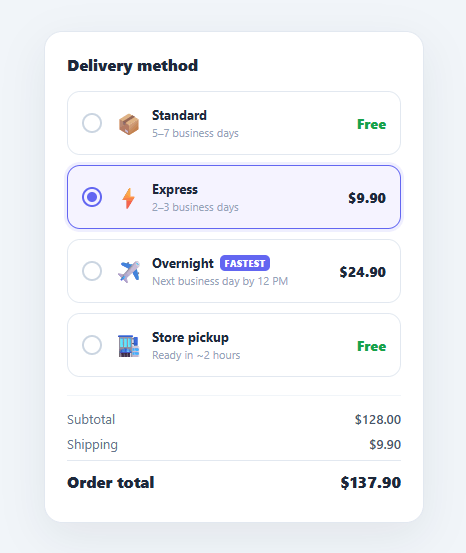 Screenshot of the Shipping Method Selector snippet rendered live