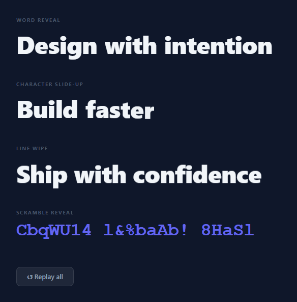 Screenshot of the Split Text Animation snippet rendered live