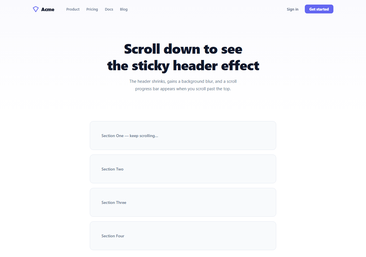 Screenshot of the Sticky Header snippet rendered live