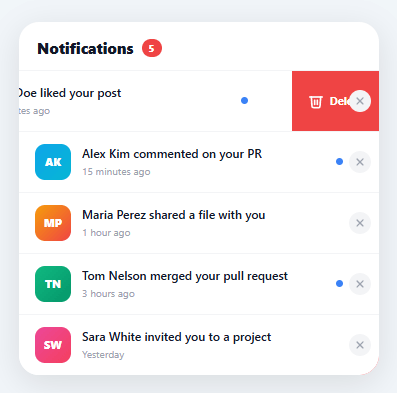 Screenshot of the Swipe to Delete List snippet rendered live