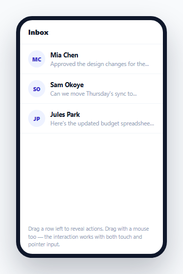 Screenshot of the Swipe-to-Reveal List Item Actions (Archive / Delete) snippet rendered live