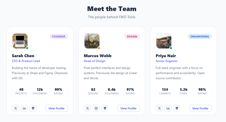 Screenshot of the Team Member Cards snippet rendered live