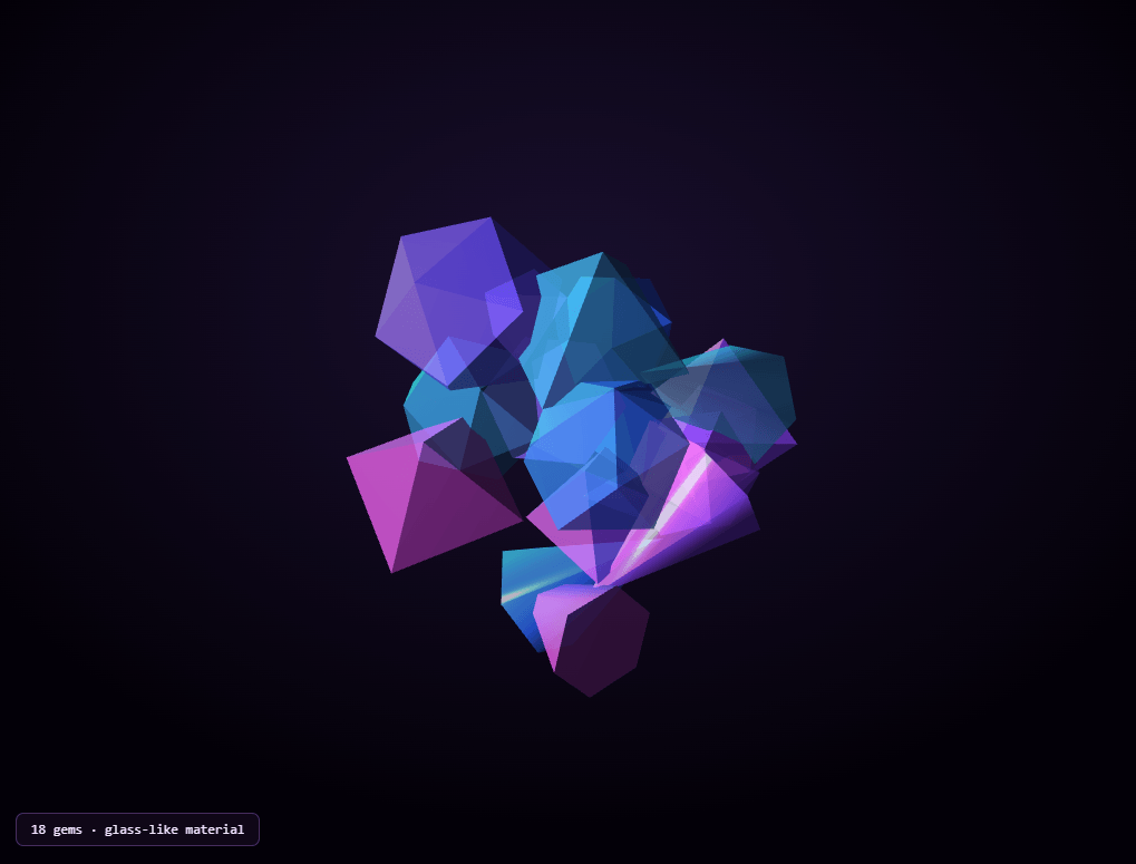 Screenshot of the Three.js Crystal Cluster snippet rendered live