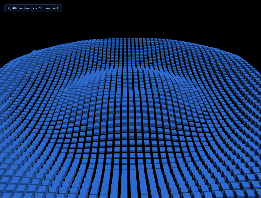 Screenshot of the Three.js Instanced Cube Wave snippet rendered live