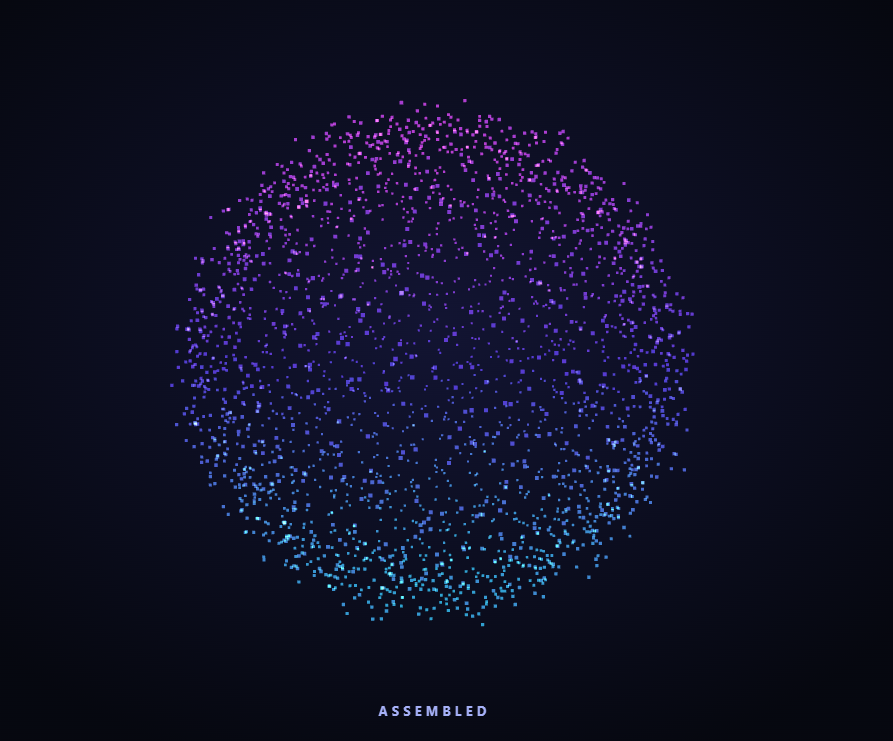 Screenshot of the Three.js Scroll Particle Assembly snippet rendered live
