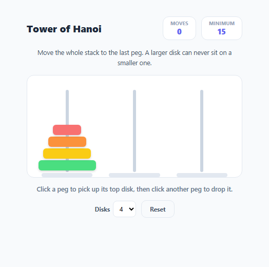 Screenshot of the Tower of Hanoi Game snippet rendered live