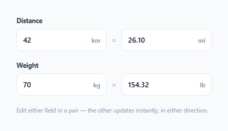 Screenshot of the Linked Unit Conversion Inputs — Two Fields That Stay in Sync snippet rendered live