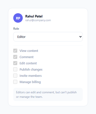 Screenshot of the User Role Card with Conditional Permission Checkboxes snippet rendered live