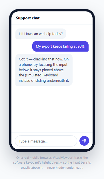Screenshot of the Keyboard-Safe Fixed Input Bar with the VisualViewport API snippet rendered live