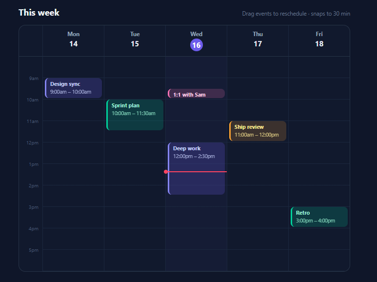 Screenshot of the Week View Scheduler snippet rendered live
